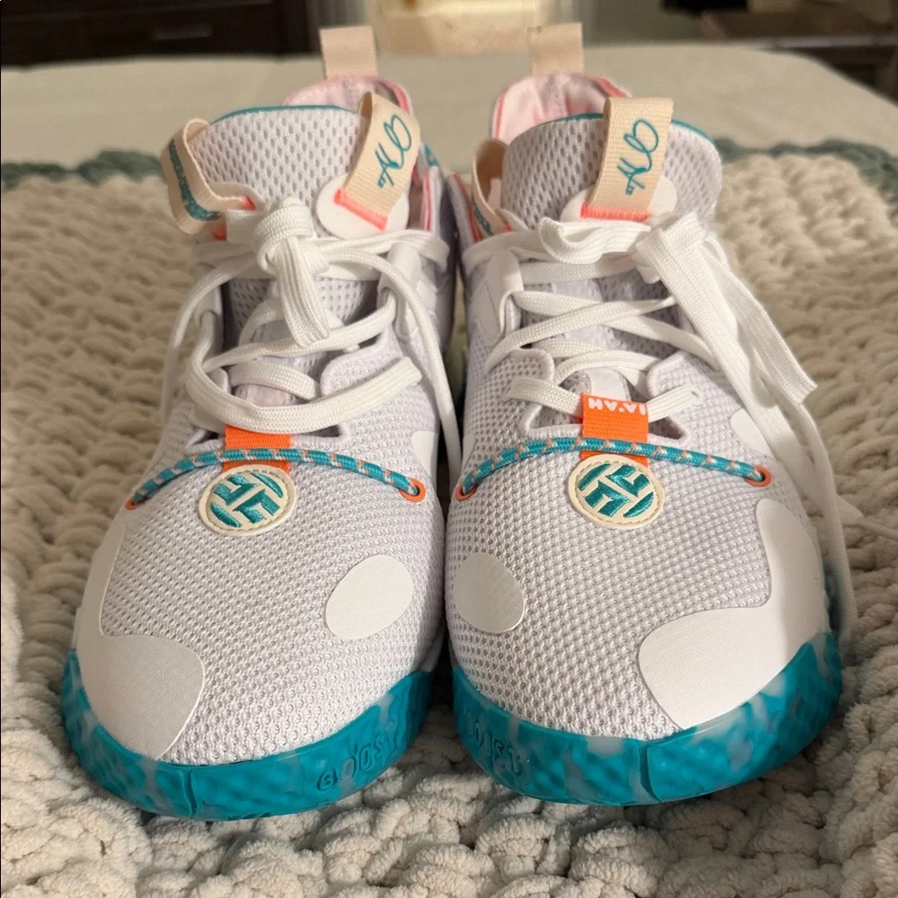 adidas Kids White Sneakers with Teal & Coral Accents